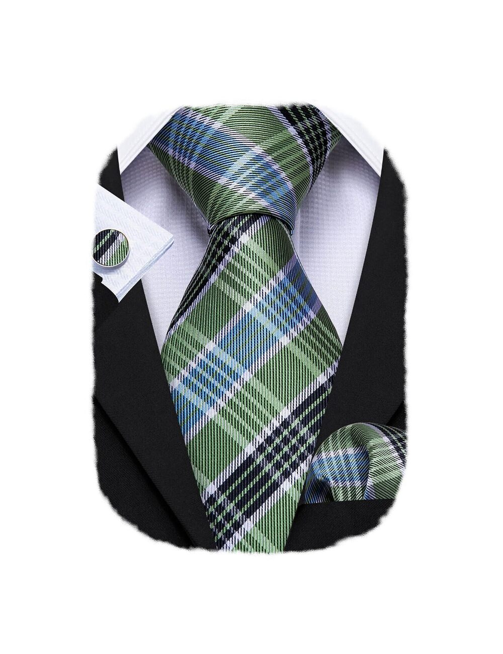 3678 Green Blue Classic Check Ties Set Formal Handkerchief Cufflinks Pliad